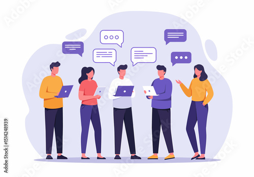 Group of People Discussing with Speech Bubbles and Laptops