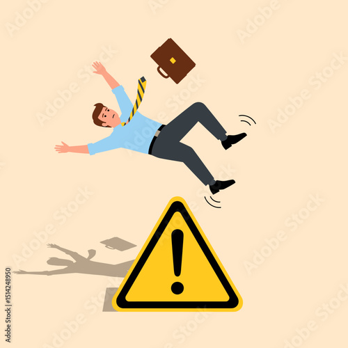 Businessman Falling Down Due to Mistake Near Warning Sign