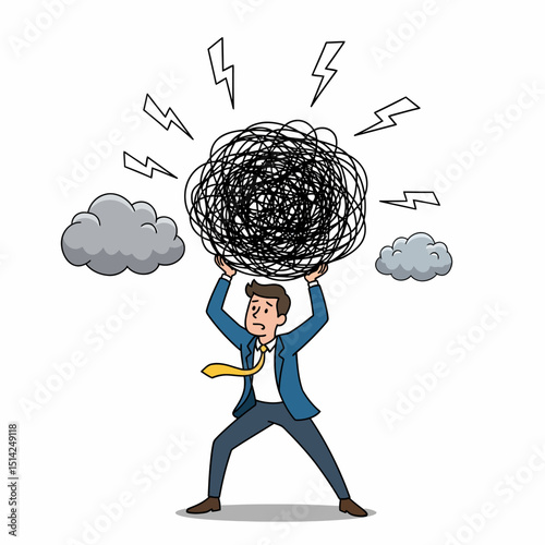 Burdened Businessman Carrying Confused Thoughts Under Pressure Clouds