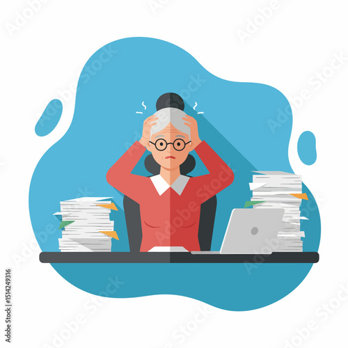 Frustrated Elderly Woman Overwhelmed by Paperwork at Office Desk
