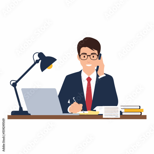 Professional Businessman Working at Desk with Laptop and Phone
