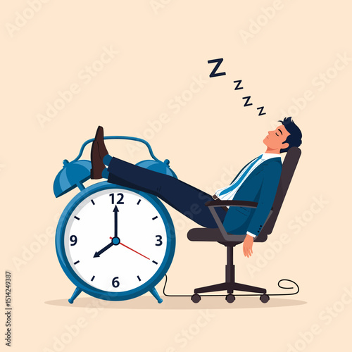 Businessman Sleeping At Work On Clock Overtime Concept