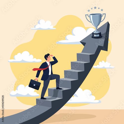 Business Man Climbing Stairs to Success and Trophy
