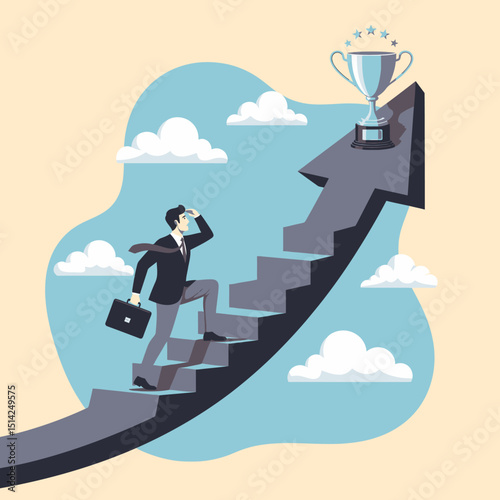 Businessman Climbing Stairway Leading To Trophy And Success Concept