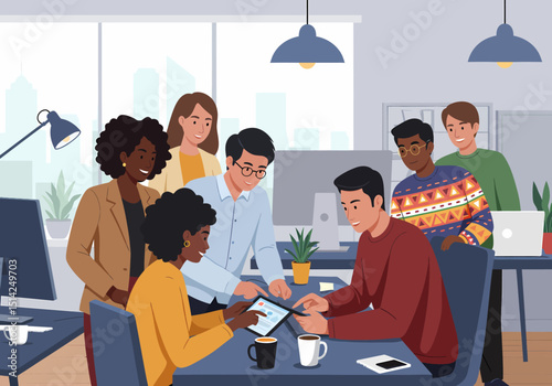 Diverse Team Discussing Project on Tablet in Bright Office