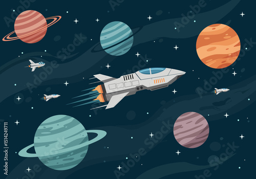 Vector Space Scene Cartoon of Spaceship and Planets Travel
