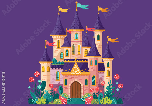 Illustration of a Colorful Enchanted Castle Surrounded by Flowers