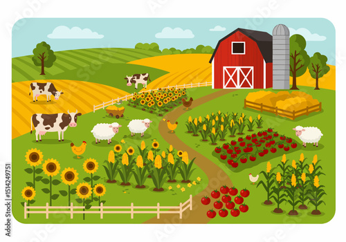Vibrant Countryside Farm With Animals And Crops Illustration
