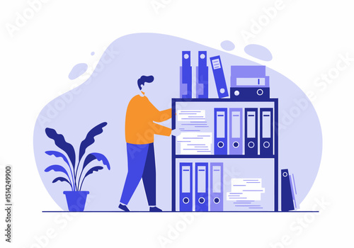 Employee Organizing Documents in Office Archives Cabinet Illustration