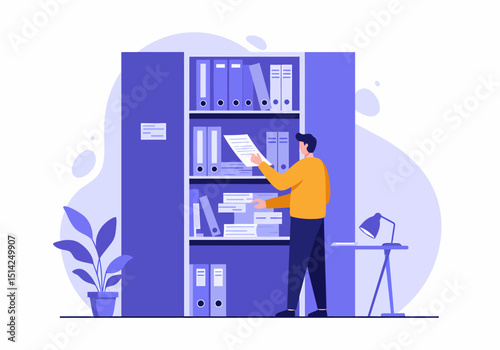 Man Arranging Files and Documents in Office Filing Cabinet