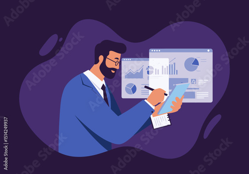 Business Man Analyzing Data Financial Growth Chart and Report