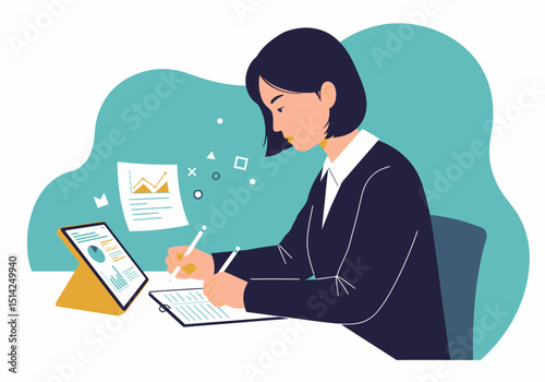 Young Woman Analyzing Data with Digital Tablet and Documents