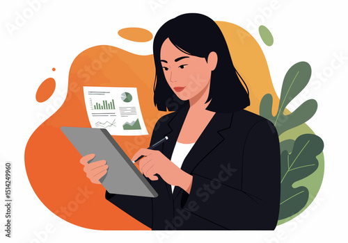 Businesswoman Analyzing Data on Tablet with Financial Chart