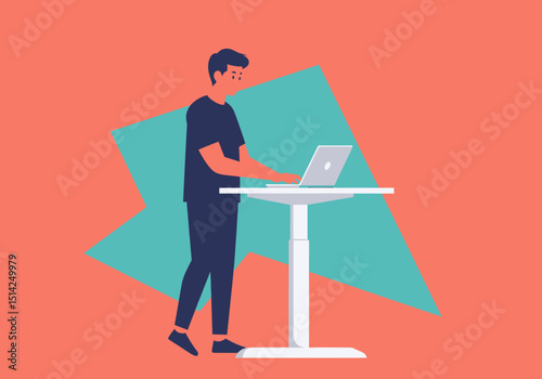 Man Working Standing Up At Adjustable Height Desk