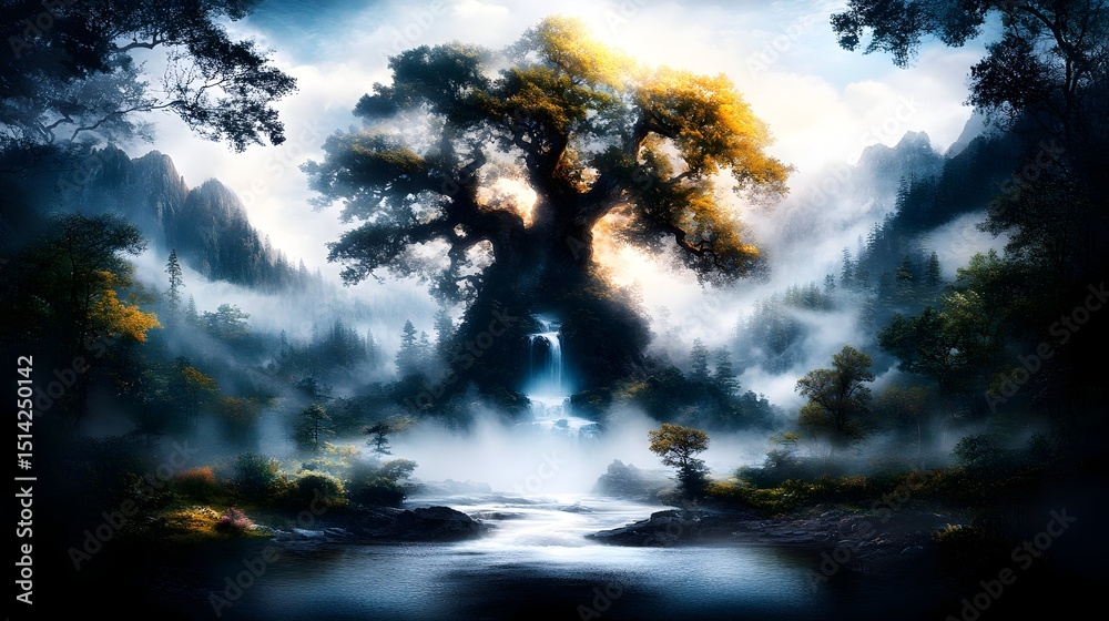 Fototapeta premium Majestic ancient tree, golden leaves, shrouded in mist, stands between mountains by a tranquil stream, mystical atmosphere
