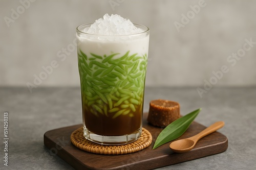Traditional Indonesian Iced Cendol Drink with Palm Sugar Syrup and Coconut Milk, Refreshing Green Rice Flour Jelly Dessert in a Glass, Authentic Asian Street Beverage Photography photo