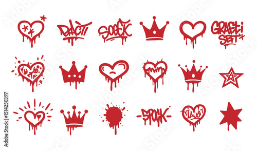Collection of red graffiti elements hearts crowns stars drip styles for design projects