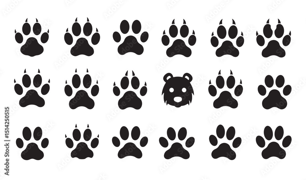 Fototapeta premium Collection of stylized black paw prints and bear face for animal related design