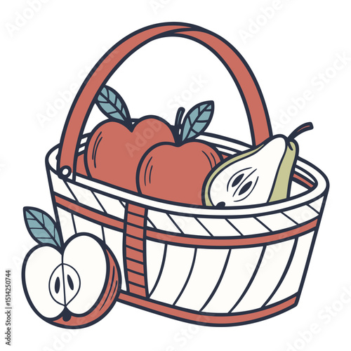 Wooden basket with apples and pears fruit illustration