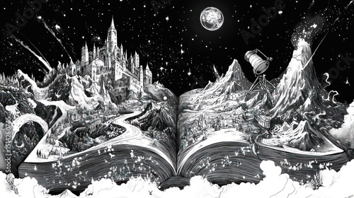 Open book, starry night, fantasy world