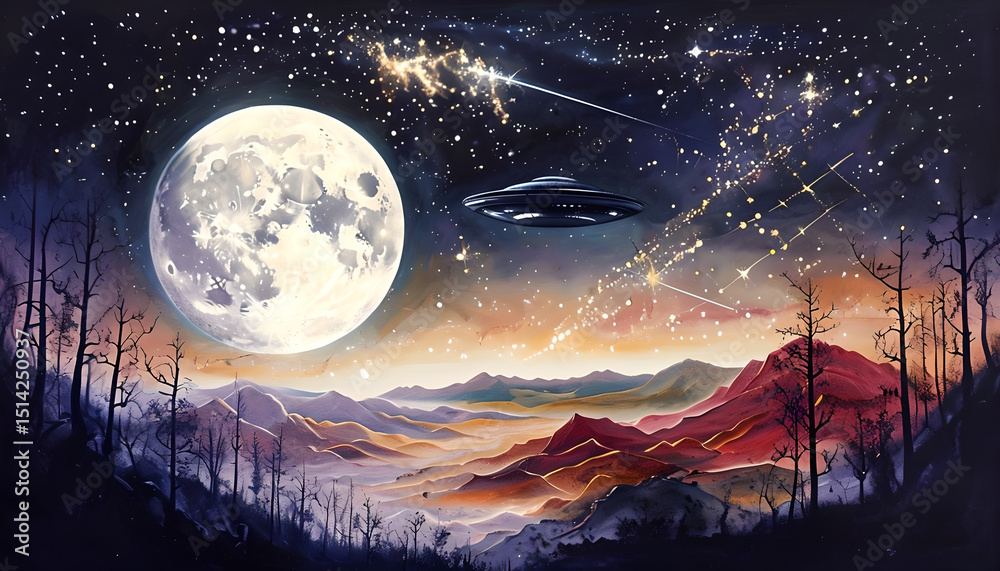 Naklejka premium Surreal Landscape With Dramatic Moon And UFO Presence