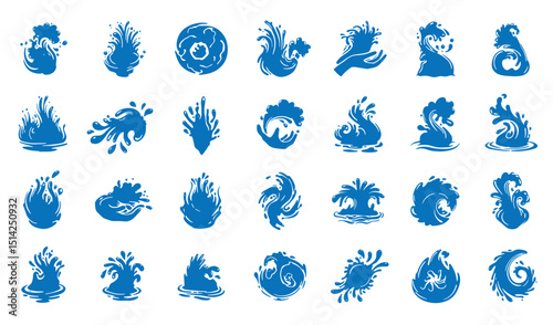 Set of blue vector illustrations featuring various water splash and wave designs