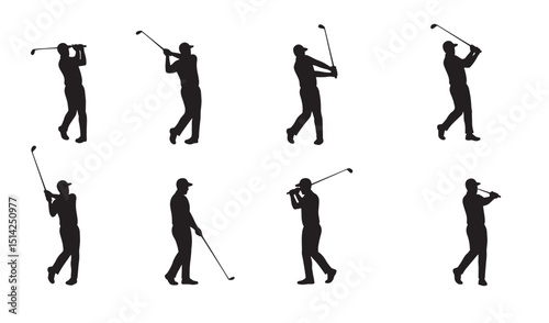 Silhouettes of a golfer in action performing various golf swings on a white background