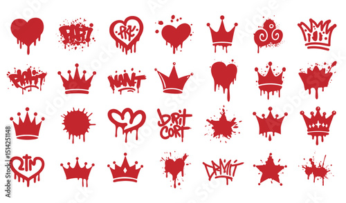 Vector set of graffiti style crowns hearts and splatter designs in red color scheme