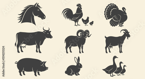 Silhouette Illustrations of Farm Animals Horse Rooster Cow Sheep Pig and Geese
