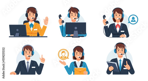 Six Cartoon Customer Service Representatives with Headsets and Various Actions