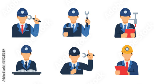 Six Engineers in Various Poses with Tools and Documents