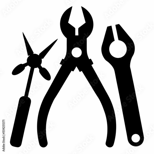 Hand Tools Pliers Black and White Illustration Simple Icon Set for DIY and Industrial Use