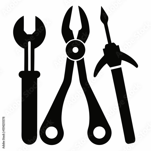Hand Tools Pliers Black and White Illustration Simple Icon Set for DIY and Industrial Use