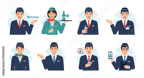 Diverse Airline Staff Stewardesses and Stewards in Various Poses and Actions