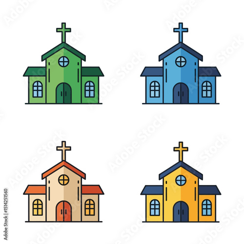 Four colorful cartoon churches with crosses on top different colors