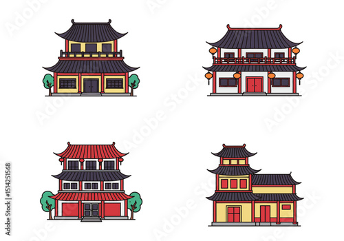 Four colorful cartoon illustrations of traditional Asian buildings with curved roofs