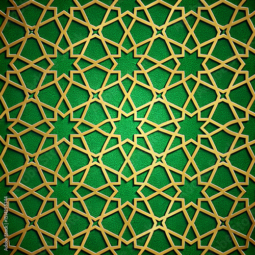Green and gold Islamic geometric pattern background