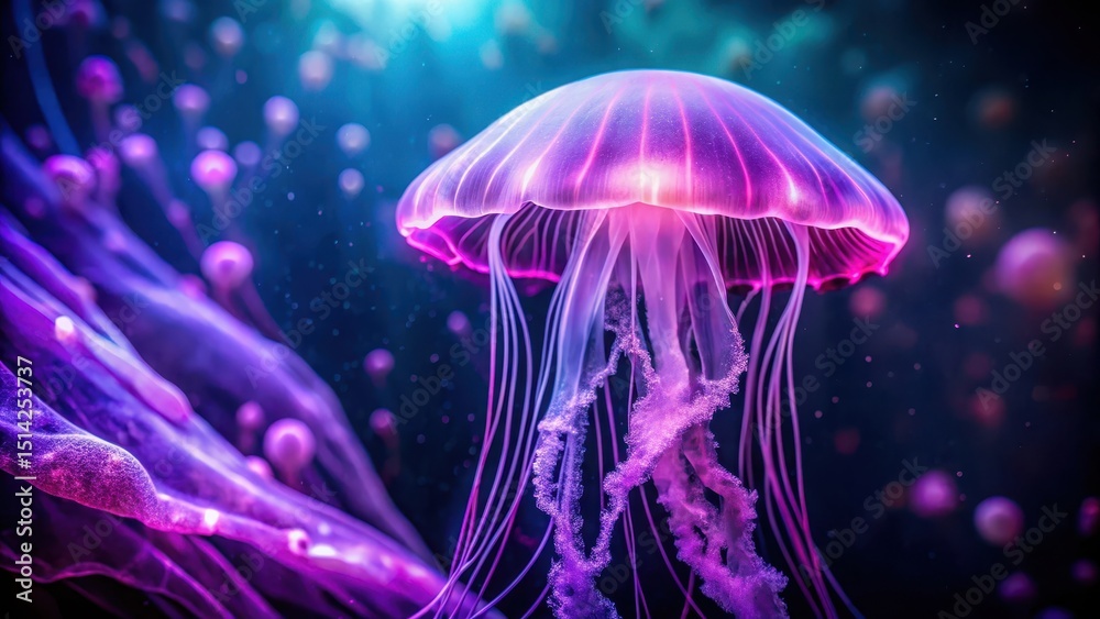 Fototapeta premium Aquarium Jellyfish Under Purple Neon Light, oceanic, underwater scene, oceanic
