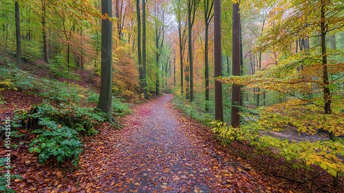 Fototapeta Naklejka Na Ścianę i Meble -  Autumnal forest path colorful leaves scenic trail