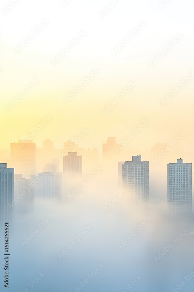 Fototapeta premium Foggy urban skyline at sunrise with modern skyscrapers