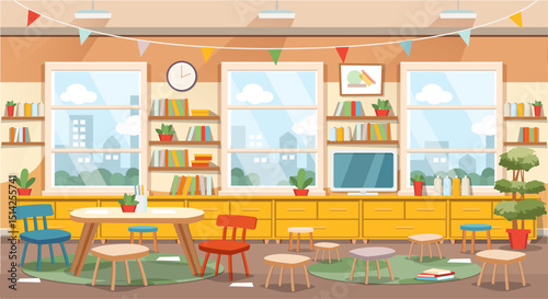 School class or kindergarten interior with kids sitting behind desks. Cartoon style vector illustration.