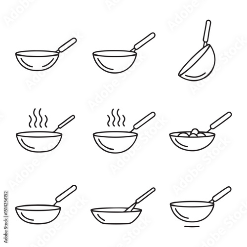 Wok Icon Set for Cooking. Collection of Line Art Asian Cooking Utensils
