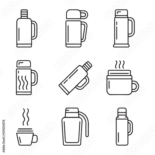 Thermos Icon Set for Travel. Collection of Outline Thermoses and Coffee Cups
