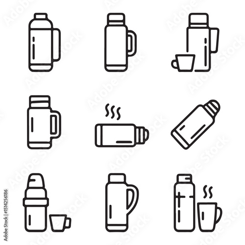 Thermos Icon Set for Travel. Collection of Outline Thermoses and Coffee Cups
