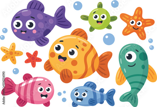 A collection of cartoon sea creatures including colorful fish, starfish, and a turtle on a white background