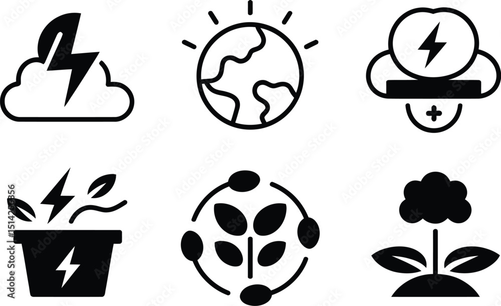 Naklejka premium A collection of six black and white icons depicting renewable energy and environmental sustainability