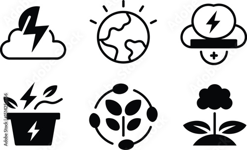 A collection of six black and white icons depicting renewable energy and environmental sustainability