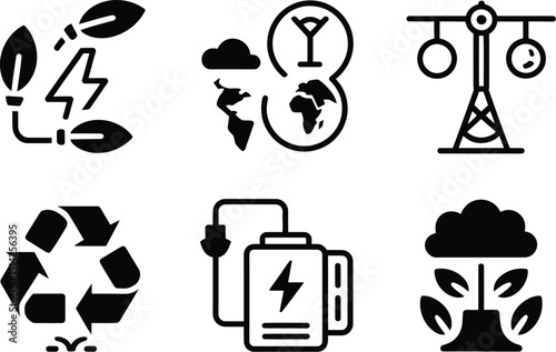 Six black and white icons depicting renewable energy sustainability and environmental conservation themes