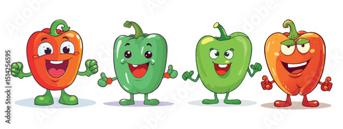 Funny Cartoon Bell Peppers Characters with Different Expressions and Poses