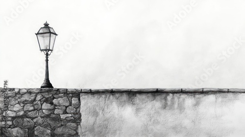 A grayscale drawing of a lamppost on a stone wall.  Misty sky